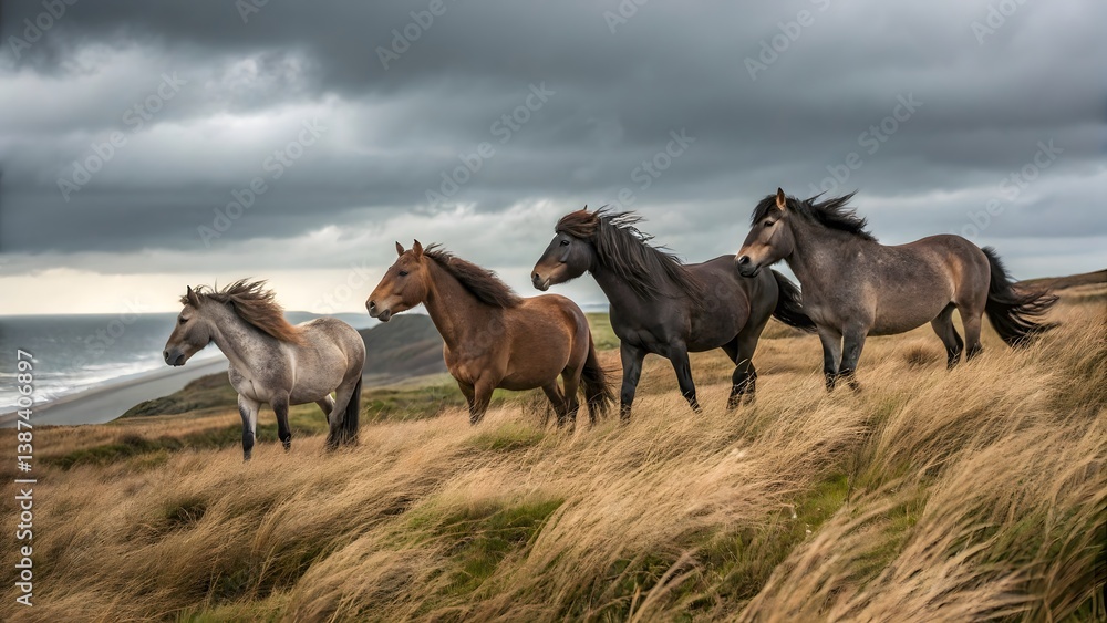 Four Horses Standing in Coastal Grassy Field Beneath Dramatic Storm Clouds Four Horses Standing in Coastal Grassy Field Beneath Dramatic Storm Clouds