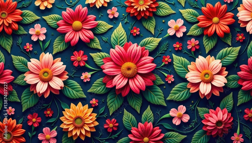 Fototapeta premium Intricate floral textile design, repeating motif, floral pattern, illustration pattern, design pattern