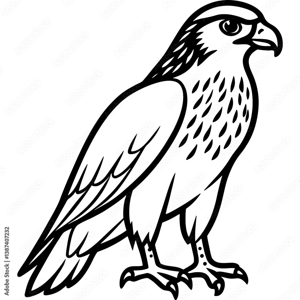 Obraz premium Hawk bird simple black line art image, Black bold outline vector icon, Bird vector illustration