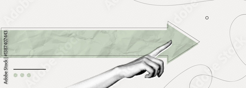 Trendy Halftone Collage Hand pointing finger and forward arrow. Business success and startup development. Social media marketing and promotion. Indicate direction. Contemporary vector illustration art