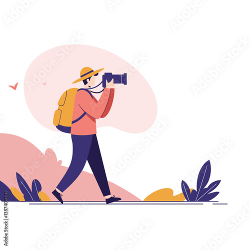 Tourist capturing moments with a camera against a colorful backdrop  