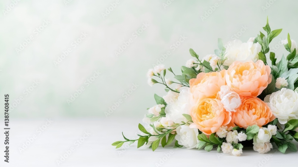 A bouquet of peach and white flowers rests on a white surface. Peach roses are prominent, surrounded by smaller white blooms and greenery. The image is softly lit, creating a gentle mood. The style A bouquet of peach and white flowers rests on a white surface. Peach roses are prominent, surrounded by smaller white blooms and greenery. The image is softly lit, creating a gentle mood. The style