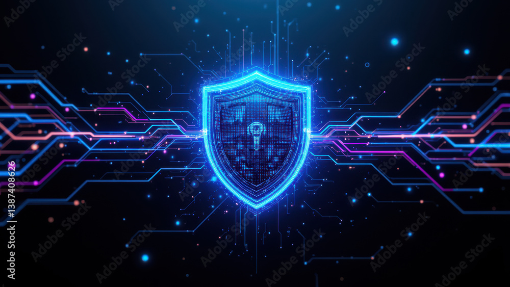 Obraz premium Cybersecurity shield with digital circuitry.