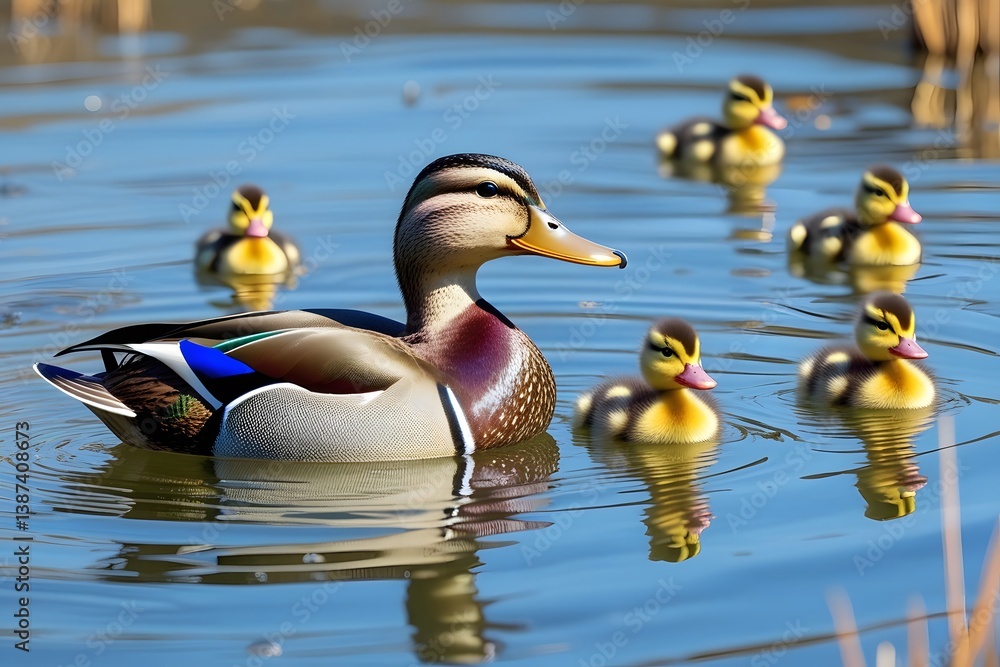 Two wild mallard ducks, a drake and a hen, swim on the green water of a tranquil lake, their feathers reflecting nature Two wild mallard ducks, a drake and a hen, swim on the green water of a tranquil lake, their feathers reflecting nature