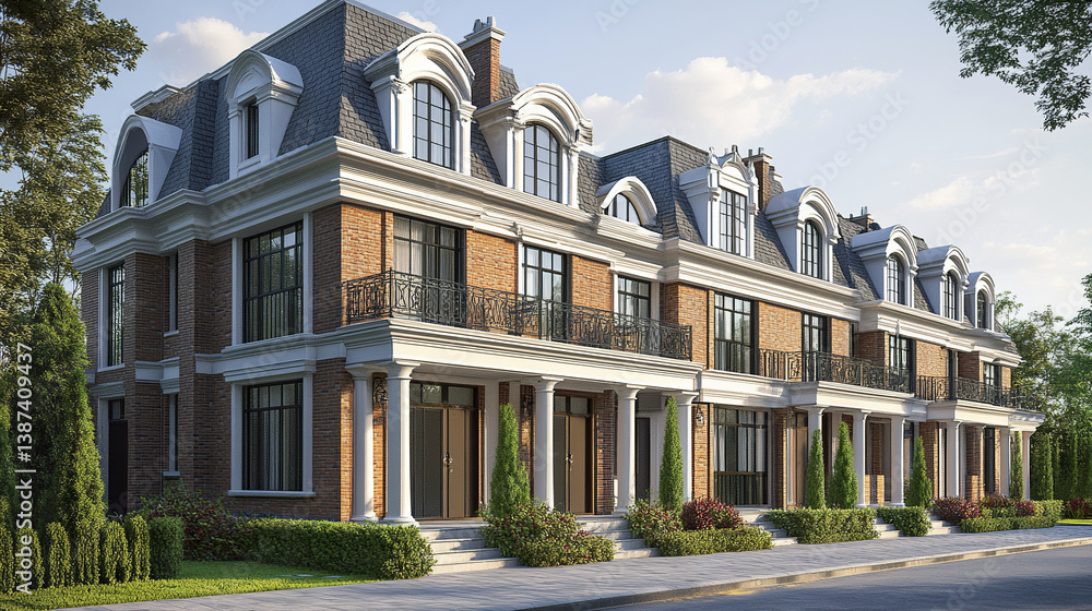 Obraz premium Elegant row of brick townhouses with arched windows and lush greenery