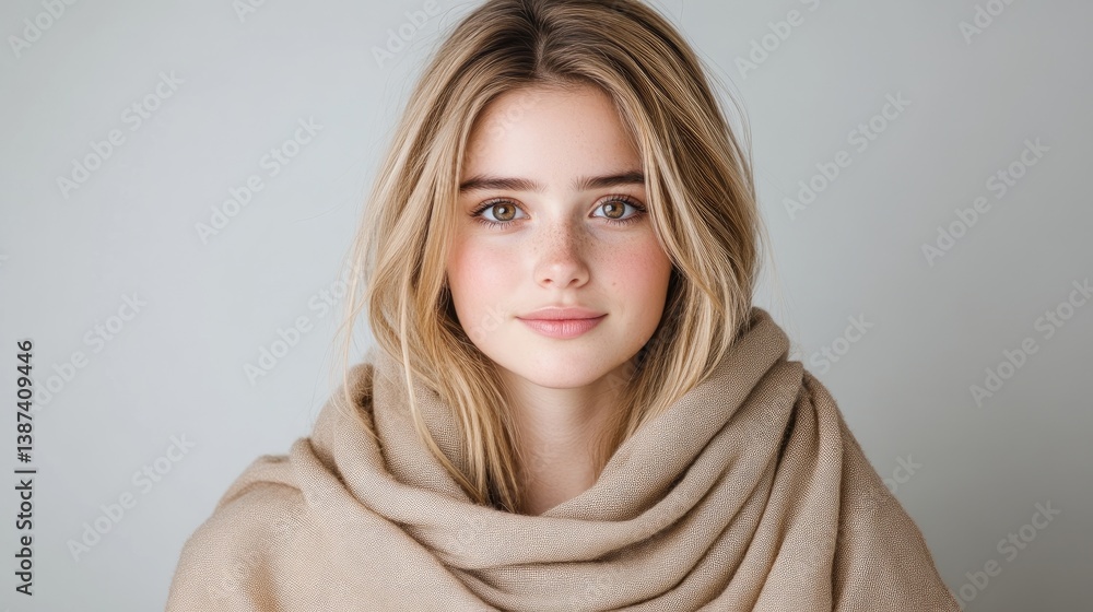 A young woman with long blonde hair is the focus. She wears a beige scarf draped around her shoulders. The portrait is well-lit, creating a soft and natural look. The style is simple and elegant, wit A young woman with long blonde hair is the focus. She wears a beige scarf draped around her shoulders. The portrait is well-lit, creating a soft and natural look. The style is simple and elegant, wit