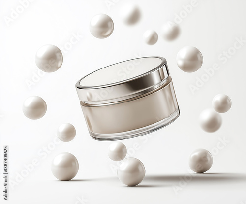Floating cream jar with soft white spheres, beauty and freshness  minimal design. product presentation.