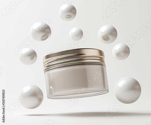 Floating cream jar with soft white spheres, beauty and freshness  minimal design. product presentation.
