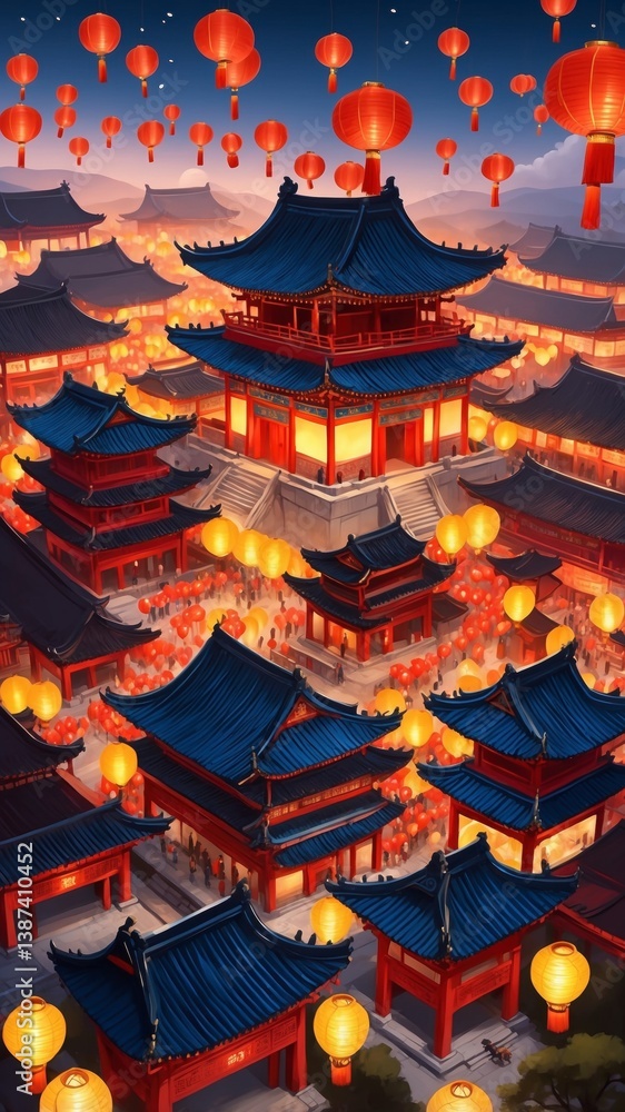 Aerial perspective of a majestic chinese temple surrounded by glowing lanterns against a stunning sky creating an enchanting scene filled with cultural significance and beauty Aerial perspective of a majestic chinese temple surrounded by glowing lanterns against a stunning sky creating an enchanting scene filled with cultural significance and beauty