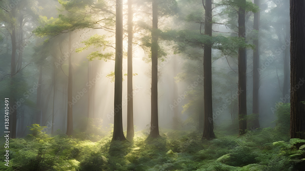 Obraz premium Sunbeams breaking through mist in peaceful green forest