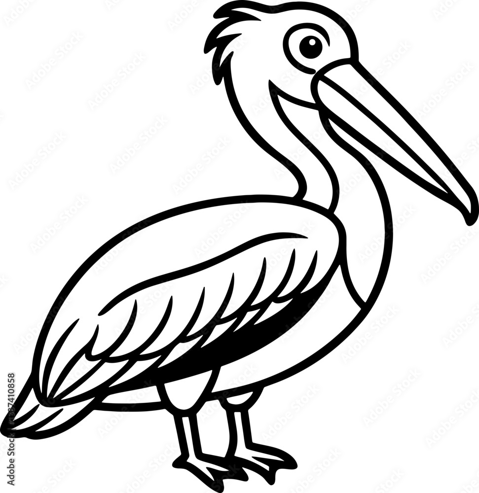 Fototapeta premium Pelican bird simple black line art image, Black bold outline vector icon, Bird vector illustration
