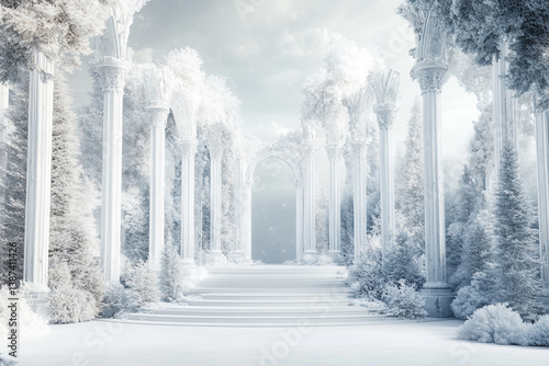 Frozen Architectural Vista: A surreal winter scene unfolds, where classical architectural elements and snow-laden trees converge, leading the viewer's gaze towards a distant, ethereal light.