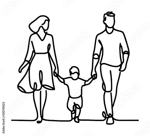 continous line sketch drawing - happy family with their little kids (artwork 1)