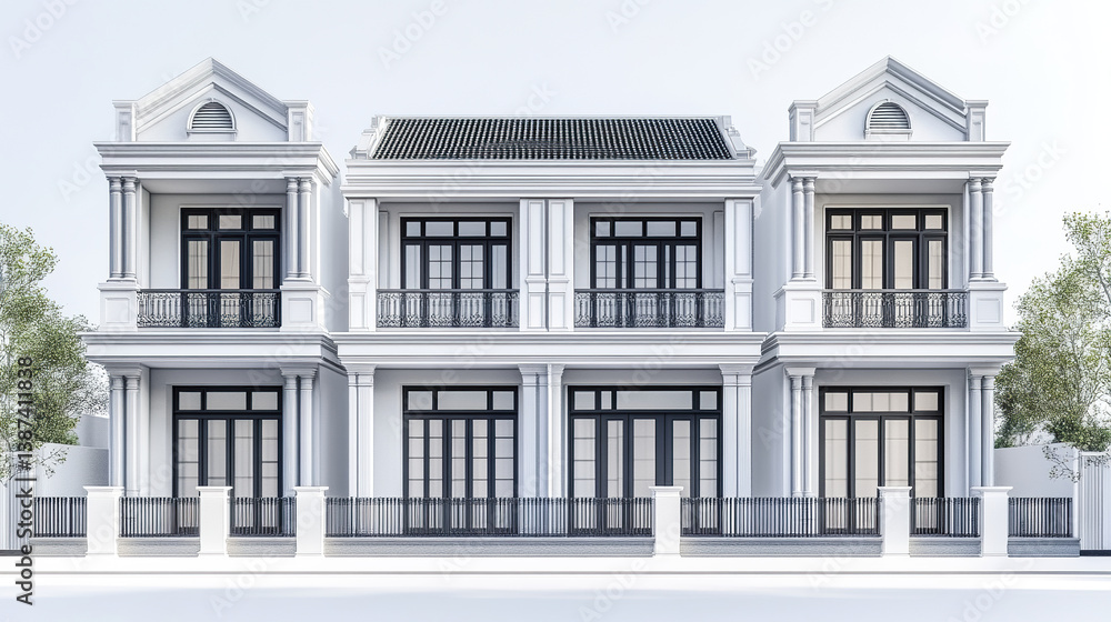 Fototapeta premium Elegant white townhouse with classic architecture and black accents