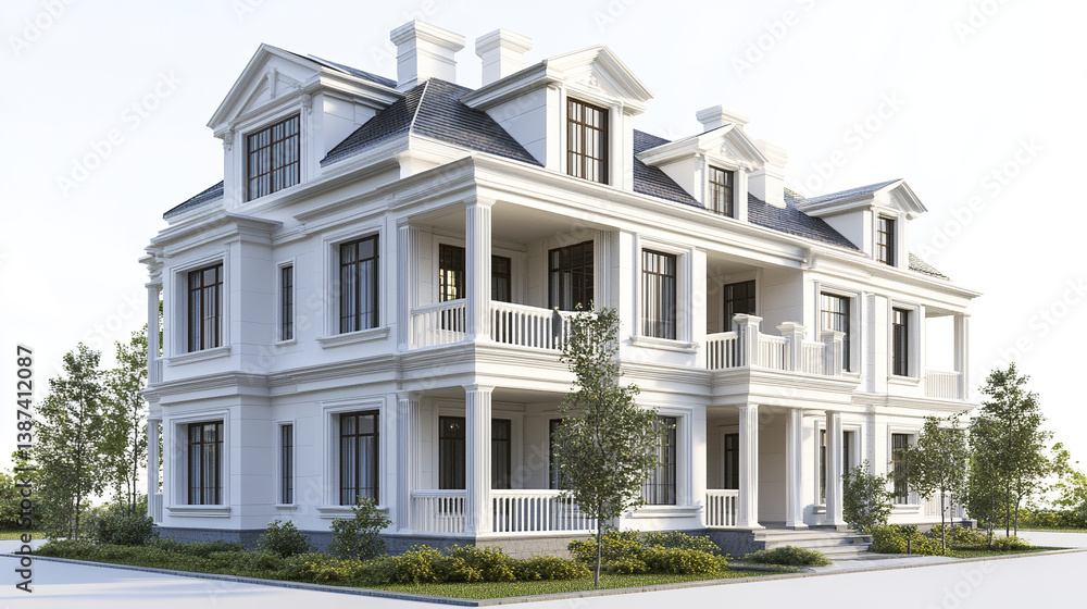 Fototapeta premium Elegant white townhouse with classic architecture and lush greenery