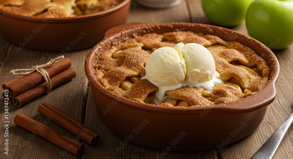 Warm Apple Pie with Vanilla Ice Cream on Rustic Table Warm Apple Pie with Vanilla Ice Cream on Rustic Table