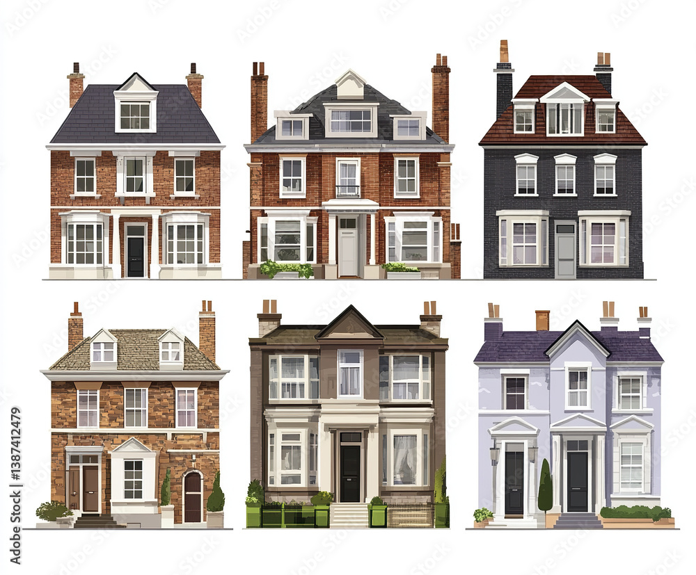 Fototapeta premium Six charming townhouse illustrations with varied architectural styles