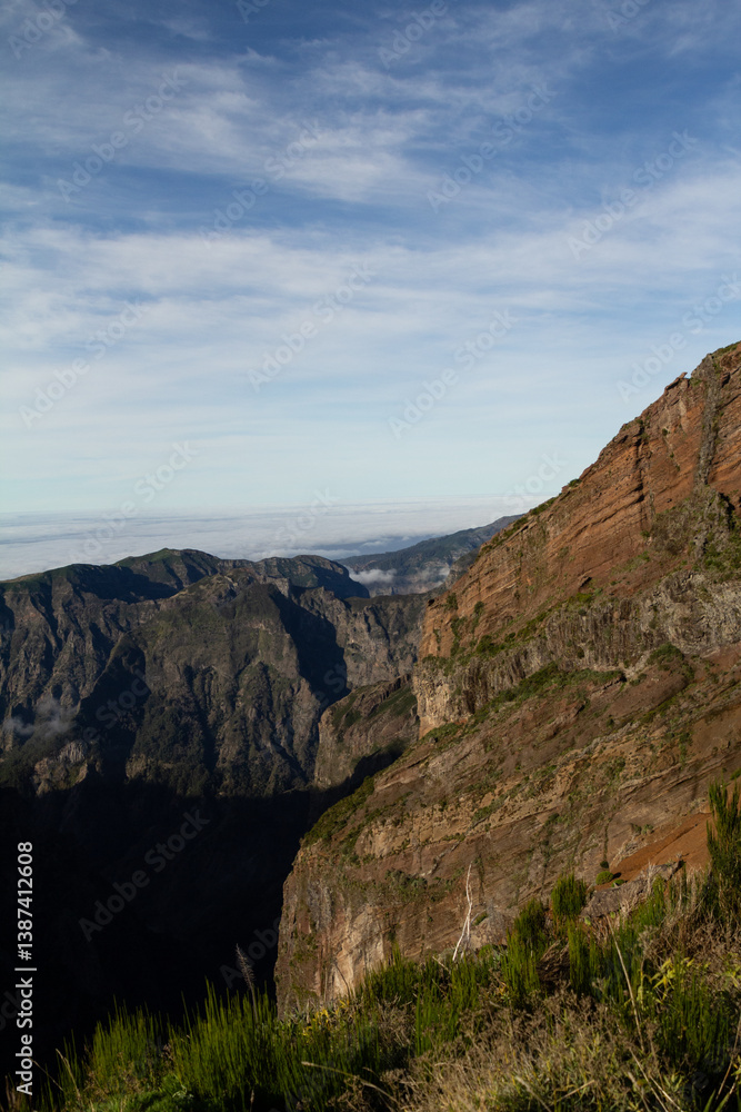 A stunning view of the mountain peaks along the Pico do Arieiro to Pico Ruivo trail in Madeira, with clear skies highlighting the rugged terrain. A stunning view of the mountain peaks along the Pico do Arieiro to Pico Ruivo trail in Madeira, with clear skies highlighting the rugged terrain.