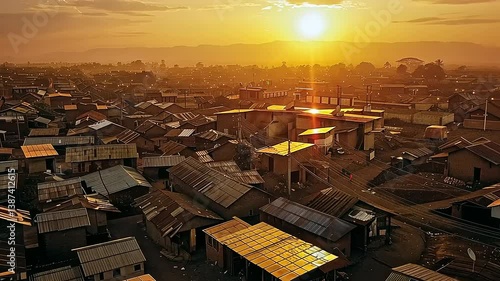 Golden Hour Over a Rwandan Village: Solar Panels Glimmering at Sunset
