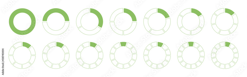 Circles divided diagram 1, 2, 3, 10, 7, 8, 9, 10, 11, 12, 14 equal parts. Coaching blank. Round template. Graph pie, pizza shaped sectional charts. Segmented green wheels icons. Divide infographic. Circles divided diagram 1, 2, 3, 10, 7, 8, 9, 10, 11, 12, 14 equal parts. Coaching blank. Round template. Graph pie, pizza shaped sectional charts. Segmented green wheels icons. Divide infographic.