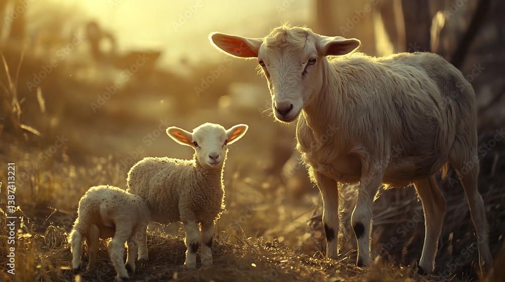Obraz premium Sheep with lambs grazing in field at sunset