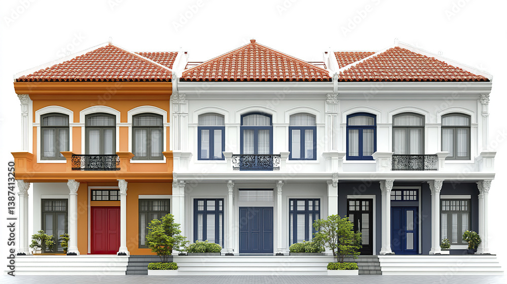 Fototapeta premium Three colorful terrace houses with ornate details and plants in front