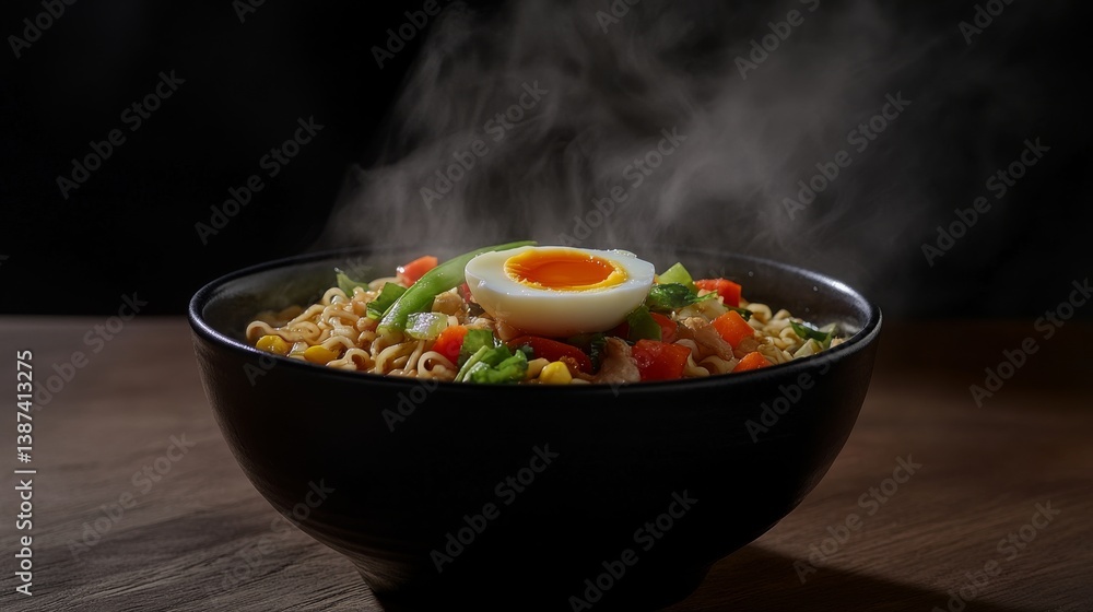 A steaming bowl of ramen with vegetables and soft-boiled egg. Featuring warmth and richness A steaming bowl of ramen with vegetables and soft-boiled egg. Featuring warmth and richness