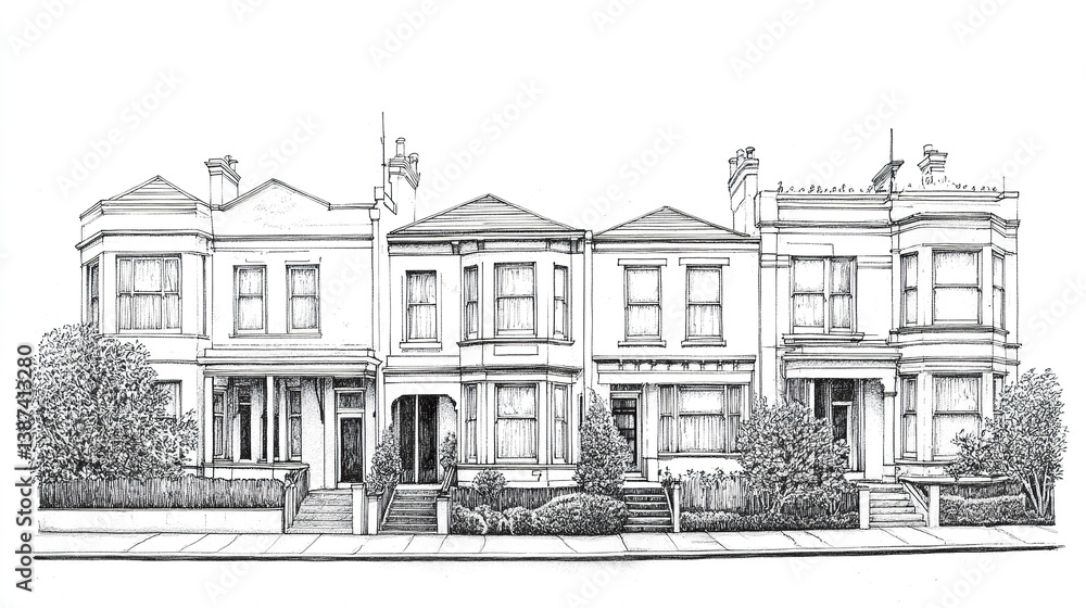 Row of elegant terrace houses with detailed architecture Row of elegant terrace houses with detailed architecture