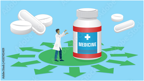 Man in difficult choice about medication. Dimension 16:9. Vector illustration.