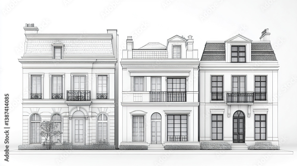 Elegant townhouse architectural sketch with classic design elements Elegant townhouse architectural sketch with classic design elements