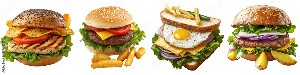 Four delicious burgers and sandwiches with various toppings. Four delicious burgers and sandwiches with various toppings.