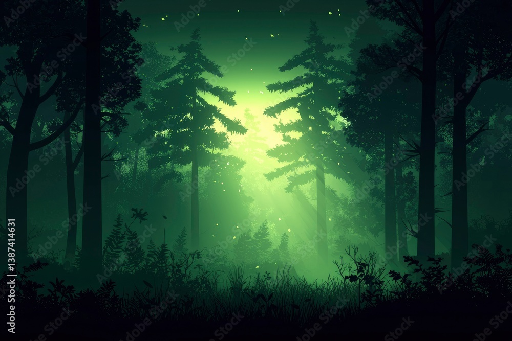 Obraz premium Forest bathed in green light, mist, ethereal, mysterious, nature background use