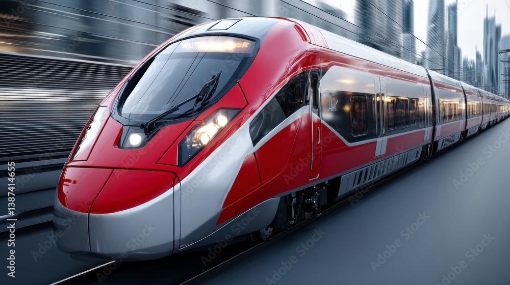 Fototapeta premium High speed red and silver train moving through a city. 