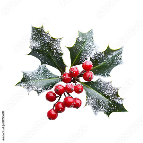 Holly Leaves and Berries with Snow Isolated on Transparent Background