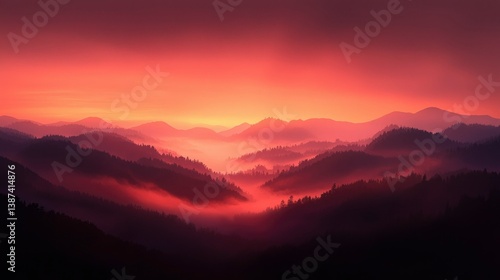 Wallpaper Mural Misty mountain range landscape glowing at sunrise, with layered hills and haze Torontodigital.ca