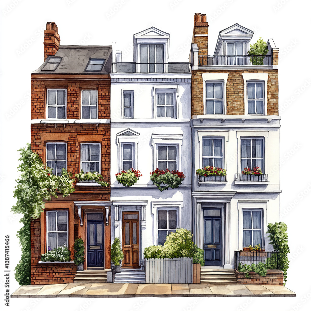 Fototapeta premium Charming terrace houses with brick and white facades, adorned with greenery