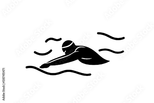 A dynamic black silhouette vector of a swimmer diving forward, arms stretched and waves rippling, simplified into flat, geometric forms