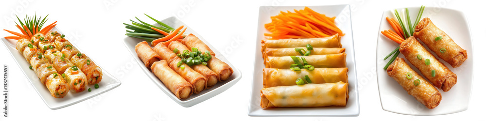 Crispy golden spring rolls garnished with green onions and carrot. Crispy golden spring rolls garnished with green onions and carrot.