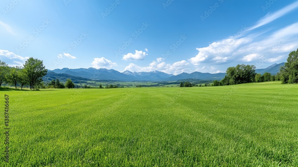 Lush green field stretching to a mountain range under a vibrant blue sky Lush green field stretching to a mountain range under a vibrant blue sky