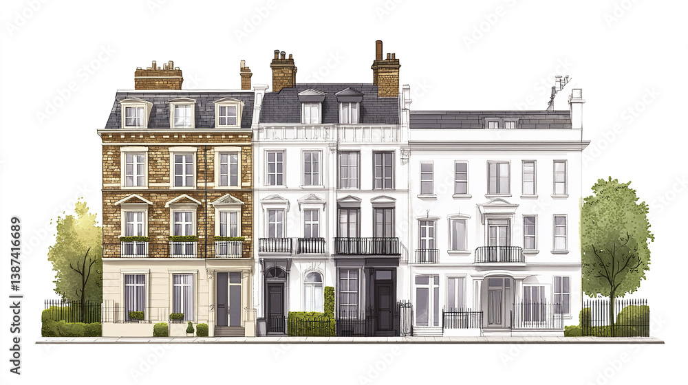 Terraced houses with classic architecture and greenery Terraced houses with classic architecture and greenery
