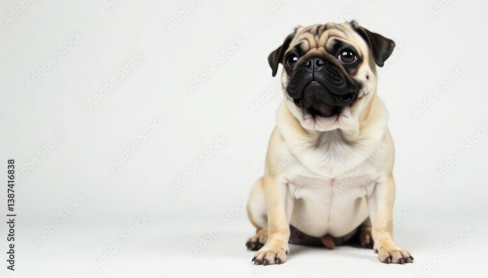Obraz premium Adorable pug dog sits alone against white backdrop, dog photography, single