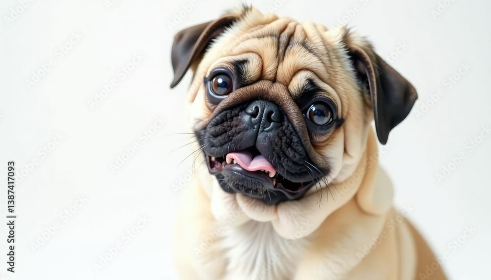 A solo pug, showcasing its endearing features, on a pristine white backdrop , animal photography, pet, puppy