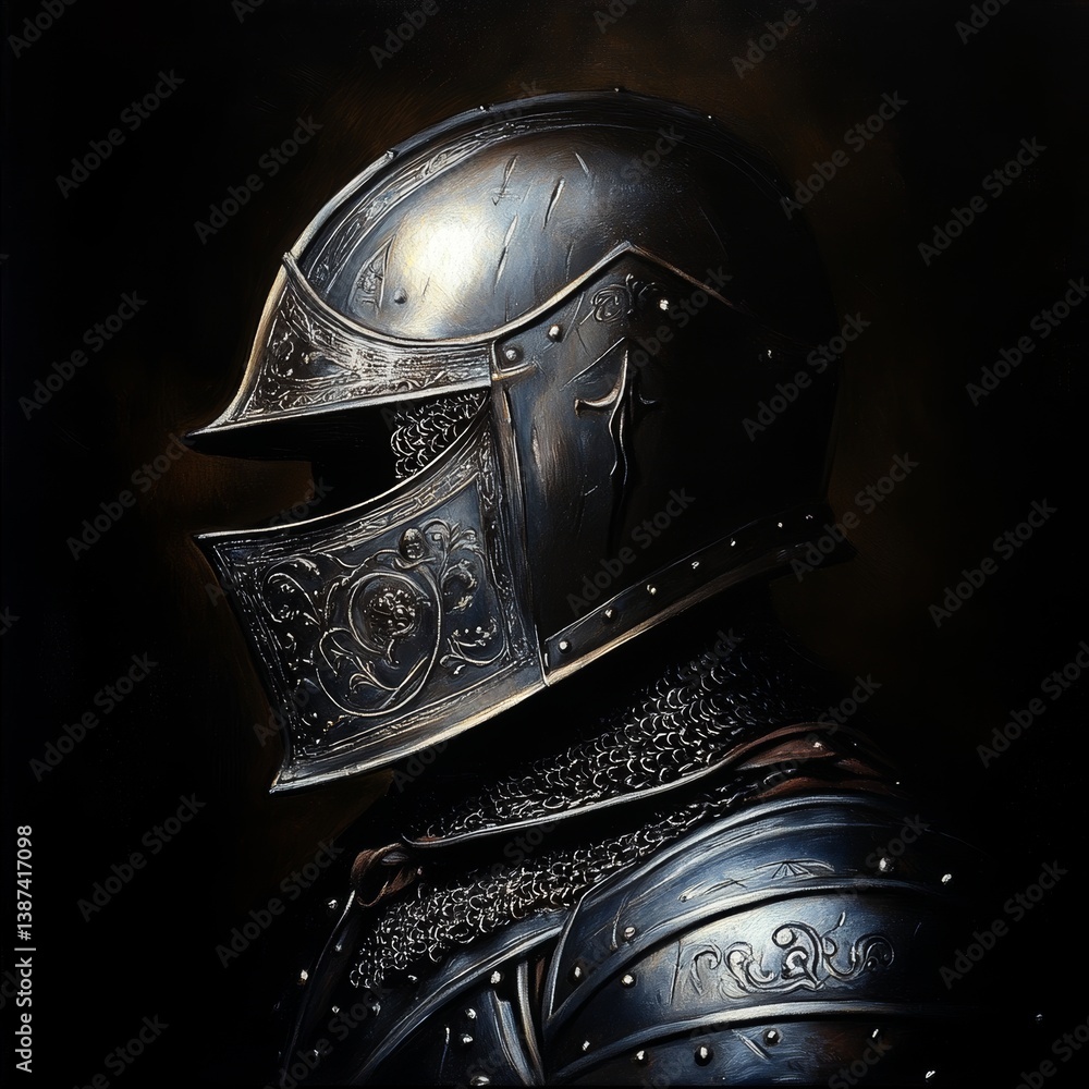 Knight's helmet and armor detail in dark lighting.