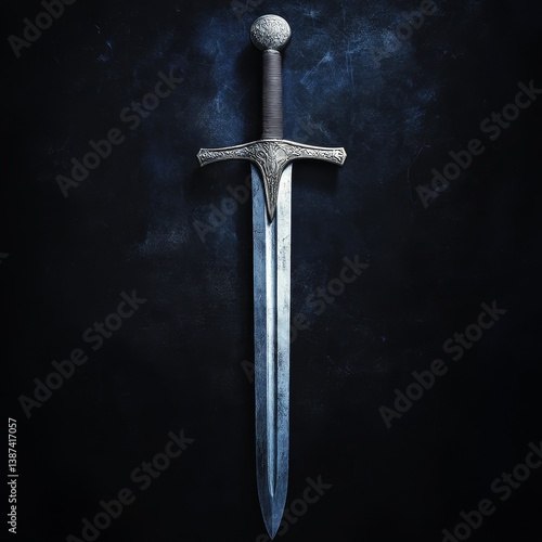A medieval sword is centered on a dark textured background