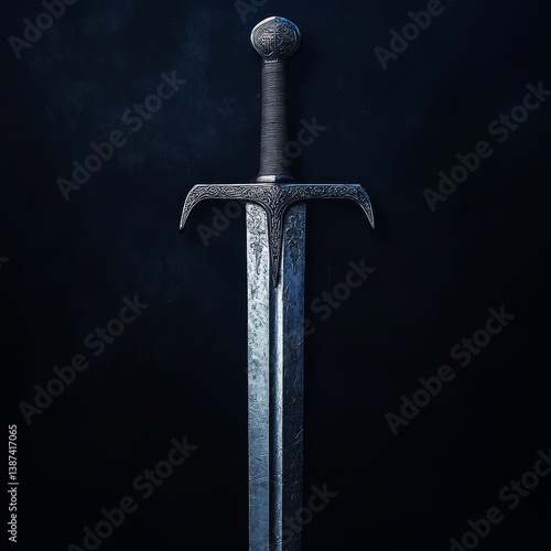 A medieval sword with a crossguard is displayed against a