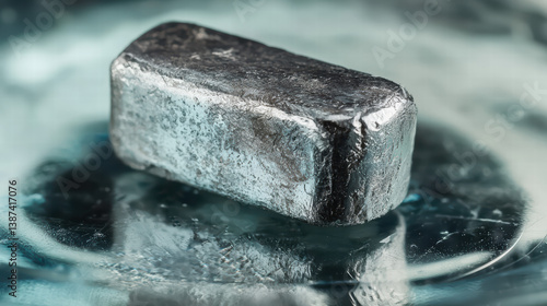 Indium Metal Block Close-Up: A striking macro shot of a solid indium metal block on a reflective surface, showcasing the metal's cool, industrial aesthetic.