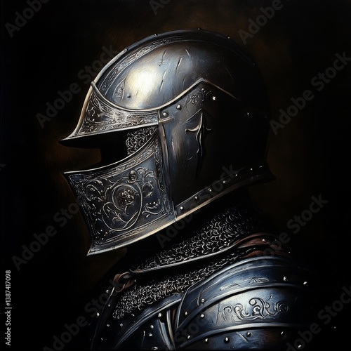 Obraz na płótnie Knight's helmet and armor detail in dark lighting. w salonie