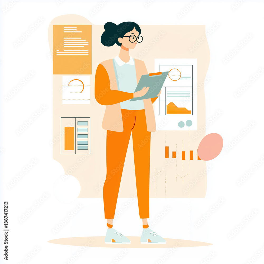 Female finance expert giving presentation with data charts Female finance expert giving presentation with data charts