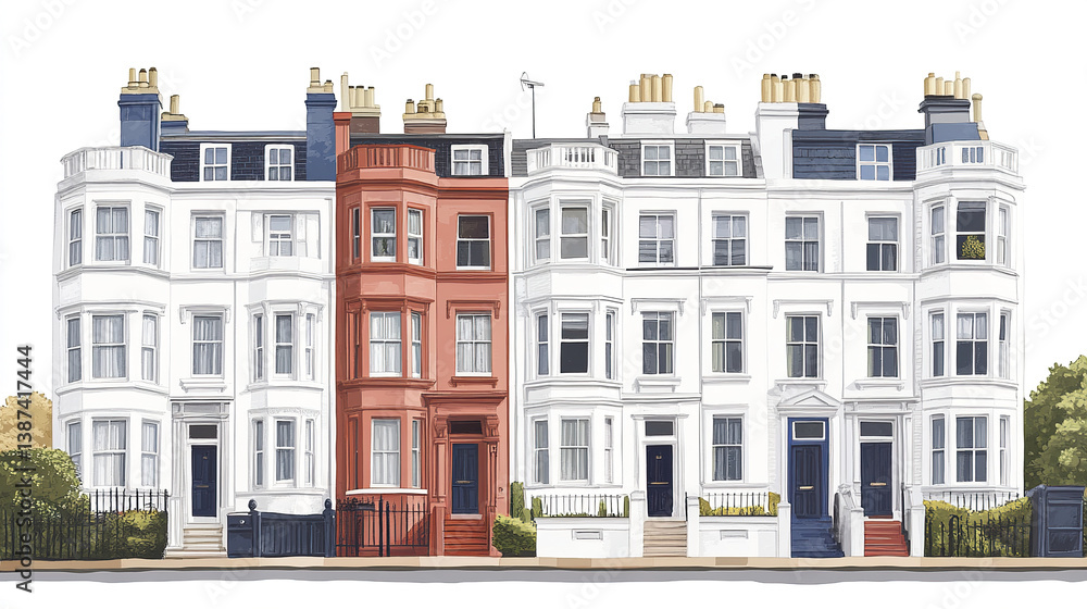 Fototapeta premium Row of elegant townhouses with red accent, featuring classic architecture
