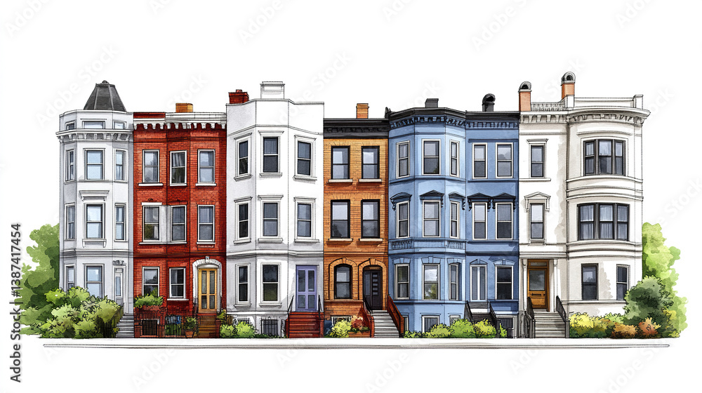 Obraz premium Row of colorful townhouses with varied architectural styles